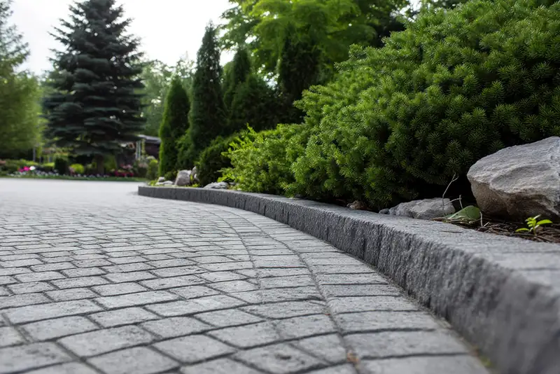 Block paving with a stone kerb edge curving past planting