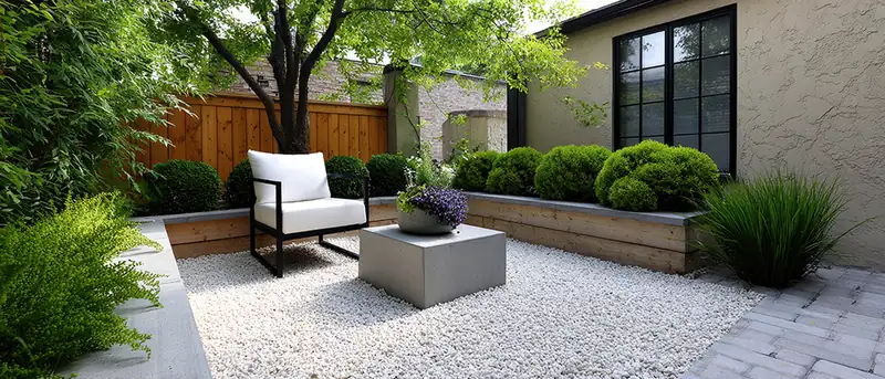 Courtyard garden with gravel, raised planters and an outdoor chair