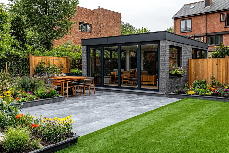Garden with grey paving, a lawn, raised beds and a garden room