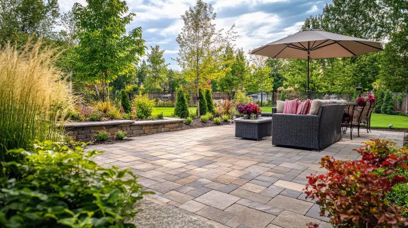 Paved patio with outdoor seating, planting and a parasol